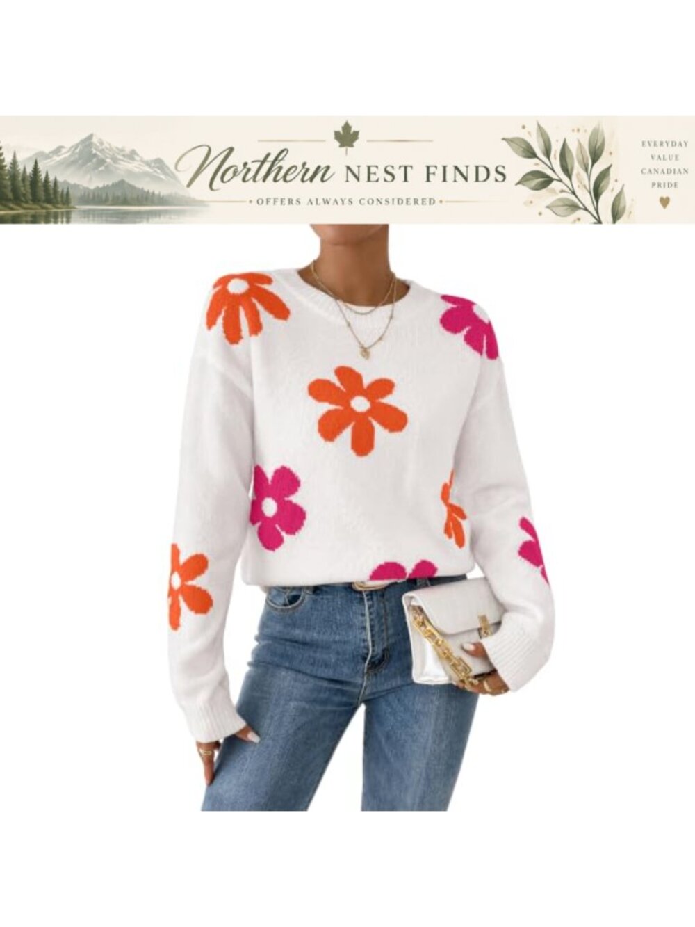 Womens Oversized Floral Knit Crewneck Long Sleeve Pullover Sweater
